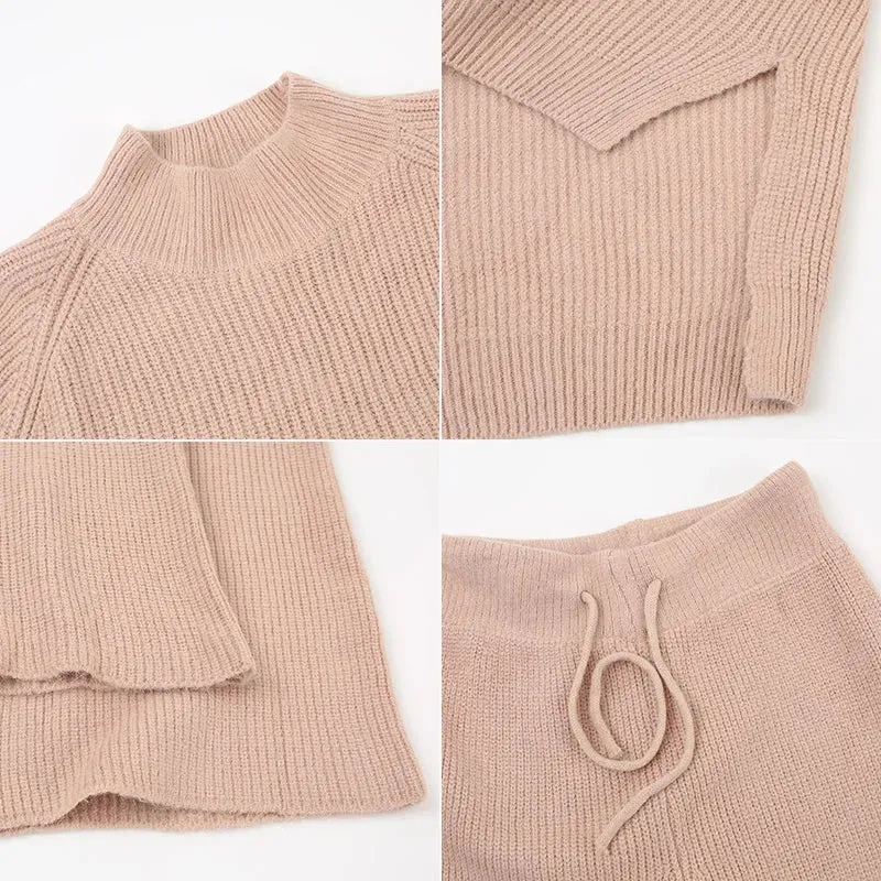2 Pieces Set Knitted Warm Sweater and Wide Leg Pant Suits