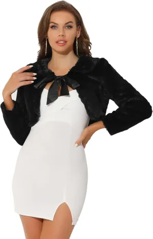 Allegra K Women's Faux Fur Bolero Shrug Crop Jacket Evening Bow Tie Front Fluffy Coat