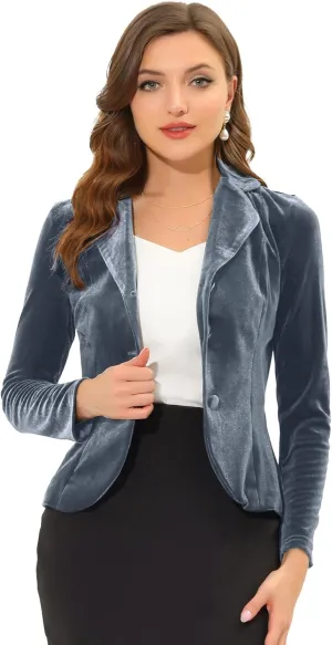Allegra K Women's Suit Jacket Notched Lapel Long Sleeve Office Business Button Velvet Blazer