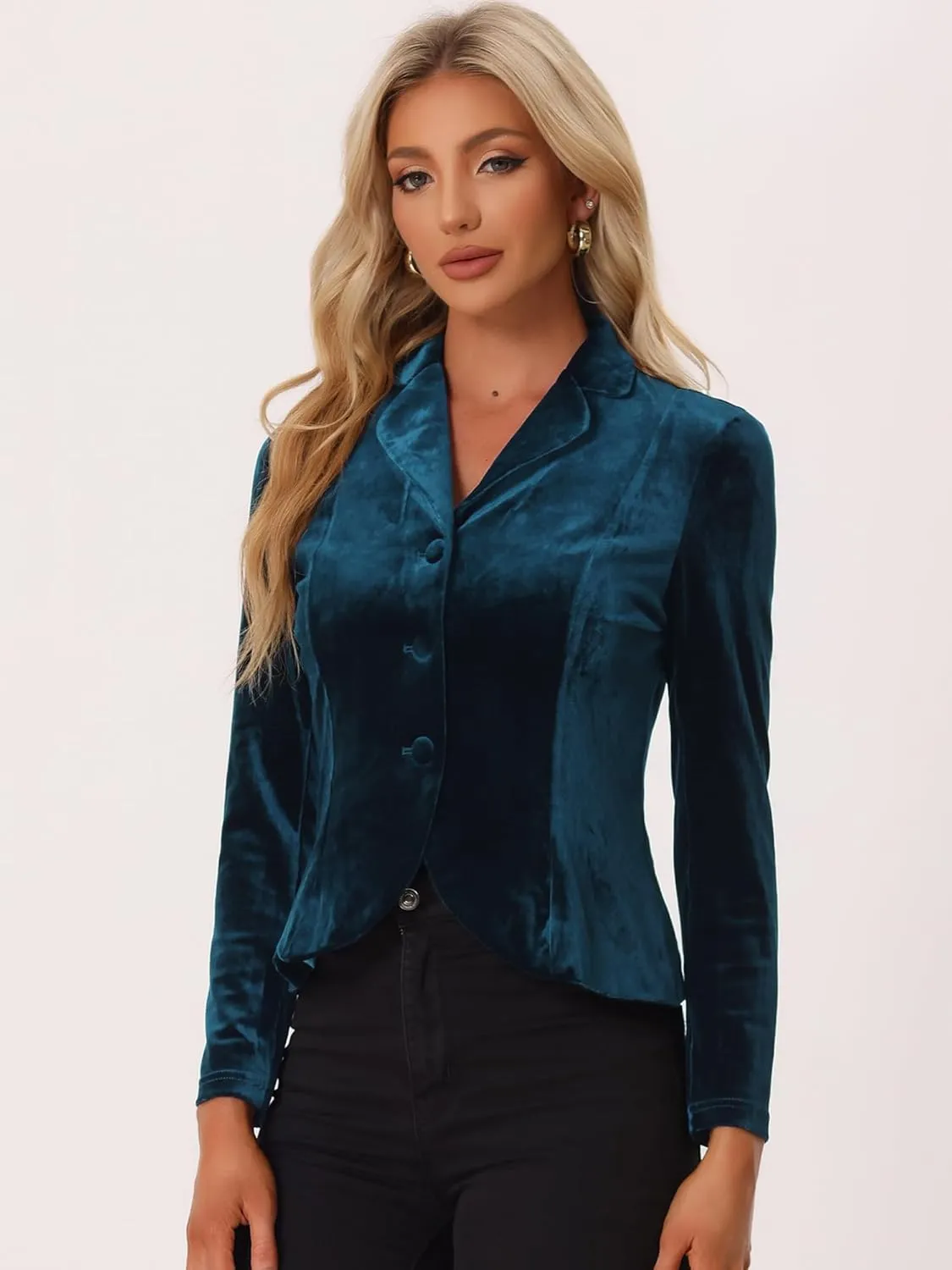 Allegra K Women's Suit Jacket Notched Lapel Long Sleeve Office Business Button Velvet Blazer