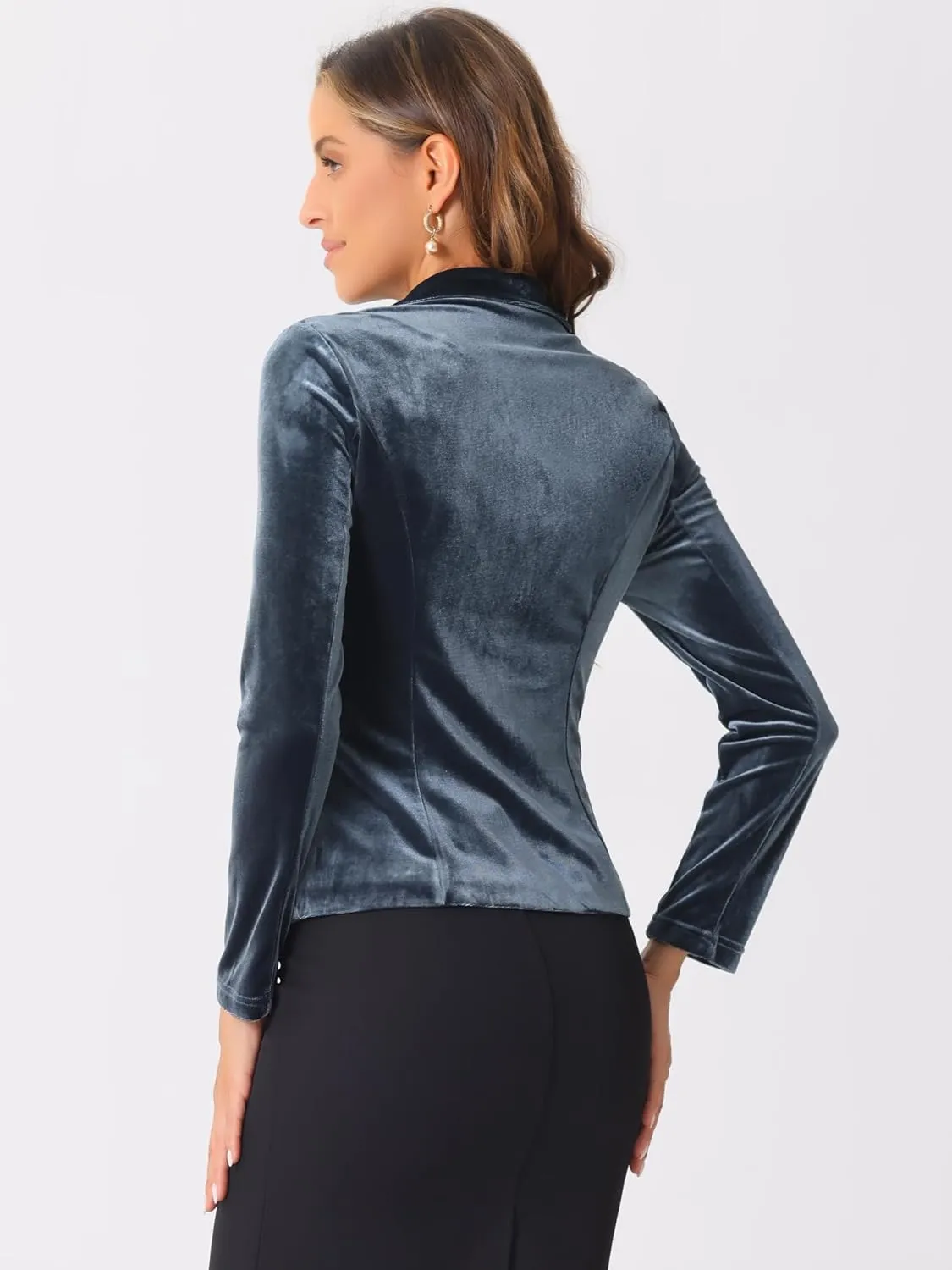 Allegra K Women's Suit Jacket Notched Lapel Long Sleeve Office Business Button Velvet Blazer