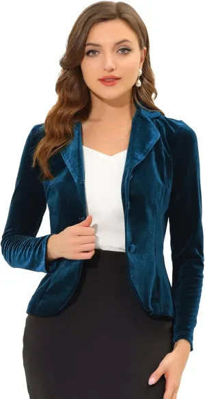 Allegra K Women's Suit Jacket Notched Lapel Long Sleeve Office Business Button Velvet Blazer