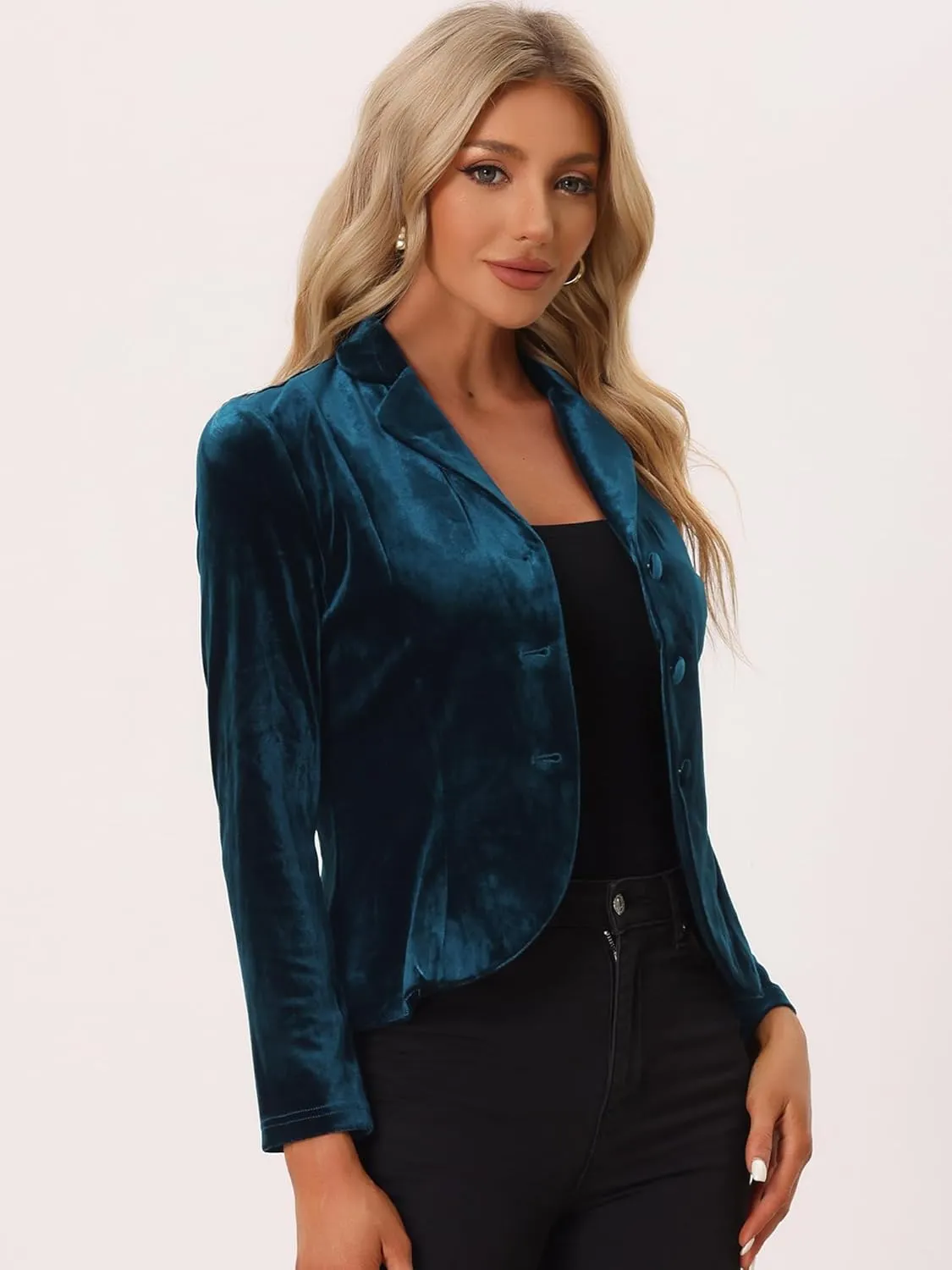 Allegra K Women's Suit Jacket Notched Lapel Long Sleeve Office Business Button Velvet Blazer