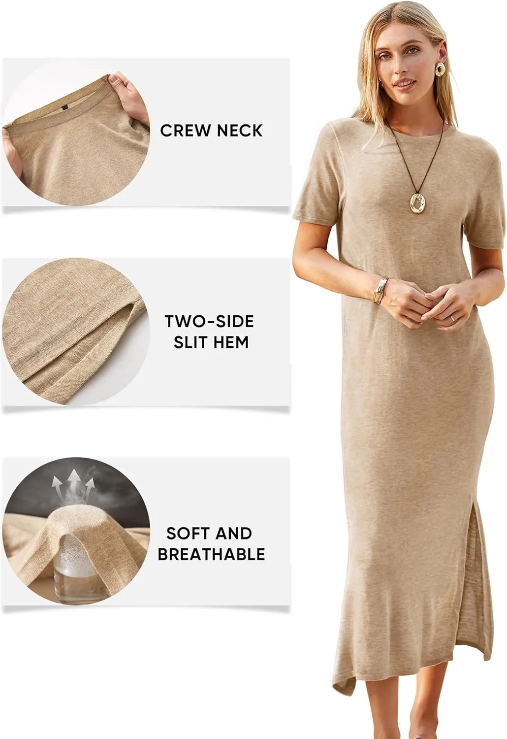Arach&Cloz Women's Wool Blend Lightweight Summer Casual T Shirts Maxi Dress 2025