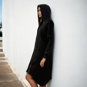 Black Zip Up Face Hooded Long Jacket