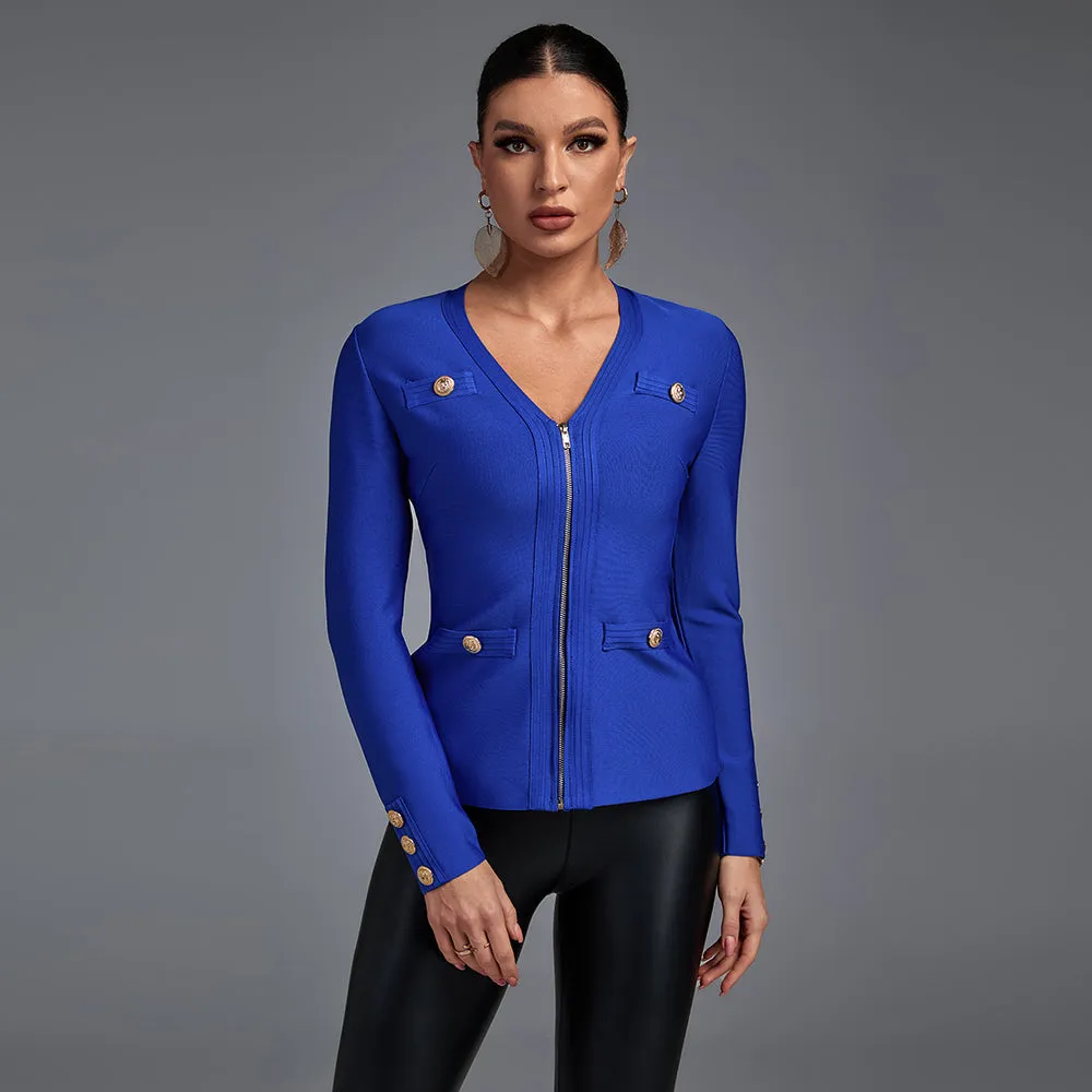 Blue V Neck Long Sleeve Zipper Bandage Coat PP21801
