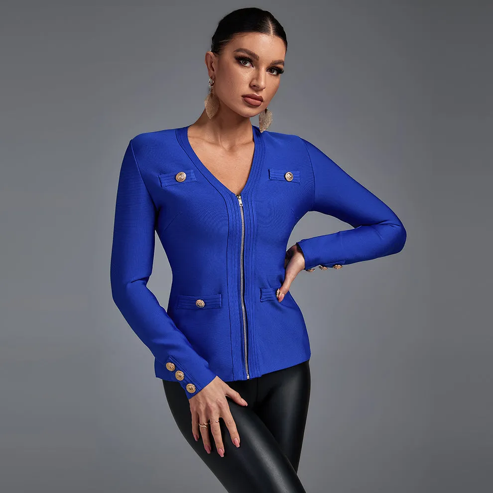Blue V Neck Long Sleeve Zipper Bandage Coat PP21801