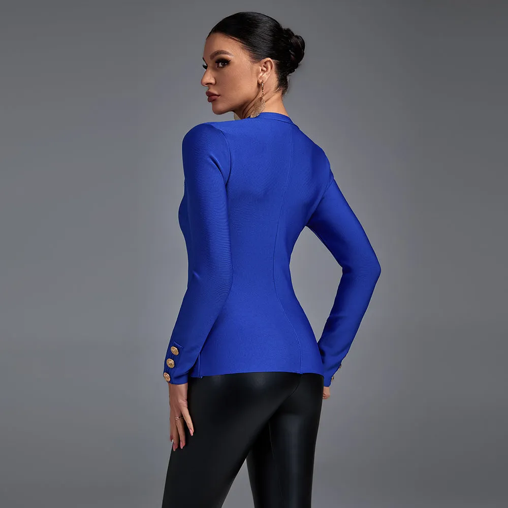 Blue V Neck Long Sleeve Zipper Bandage Coat PP21801