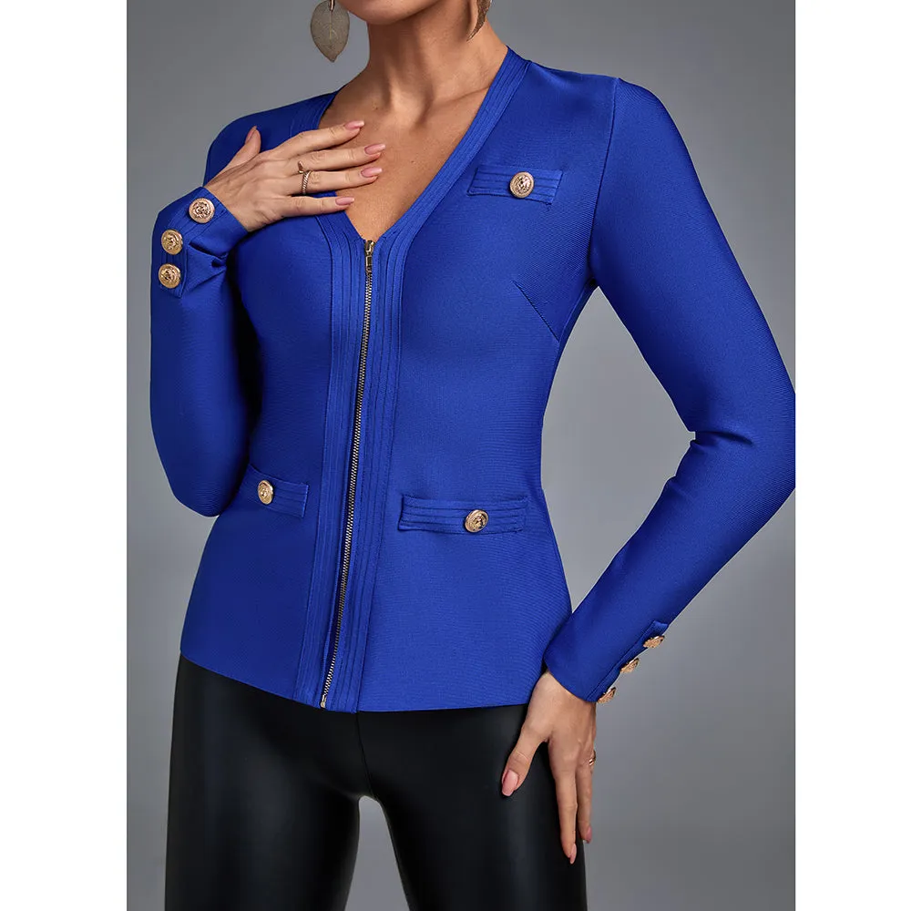Blue V Neck Long Sleeve Zipper Bandage Coat PP21801