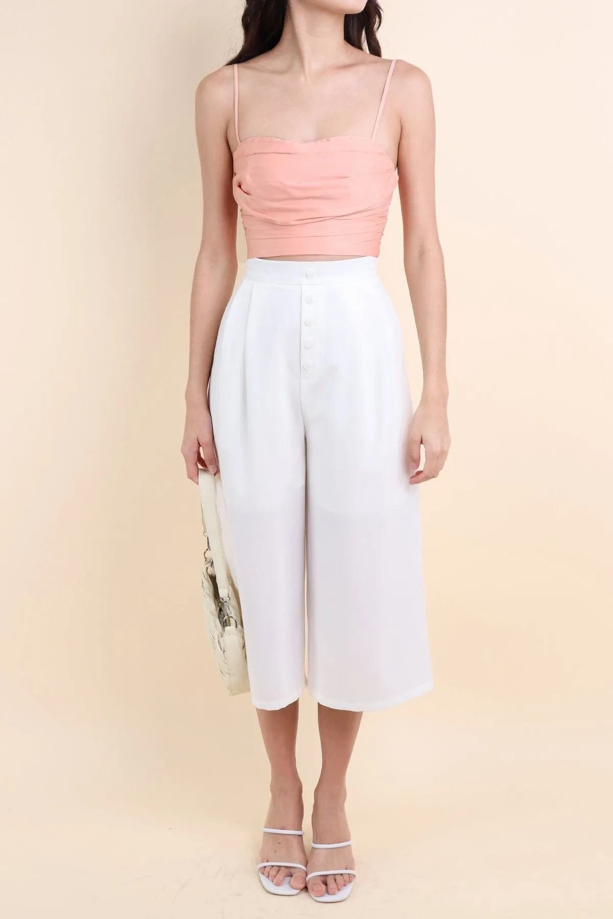 CAPRI RUCHED SATIN CROP TOP IN PEACH HEAVEN
