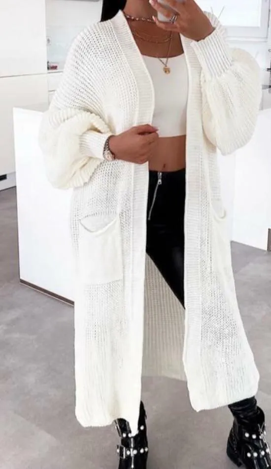 Chic Knit Pocket Cardigan: Cozy Mid-length Sweater