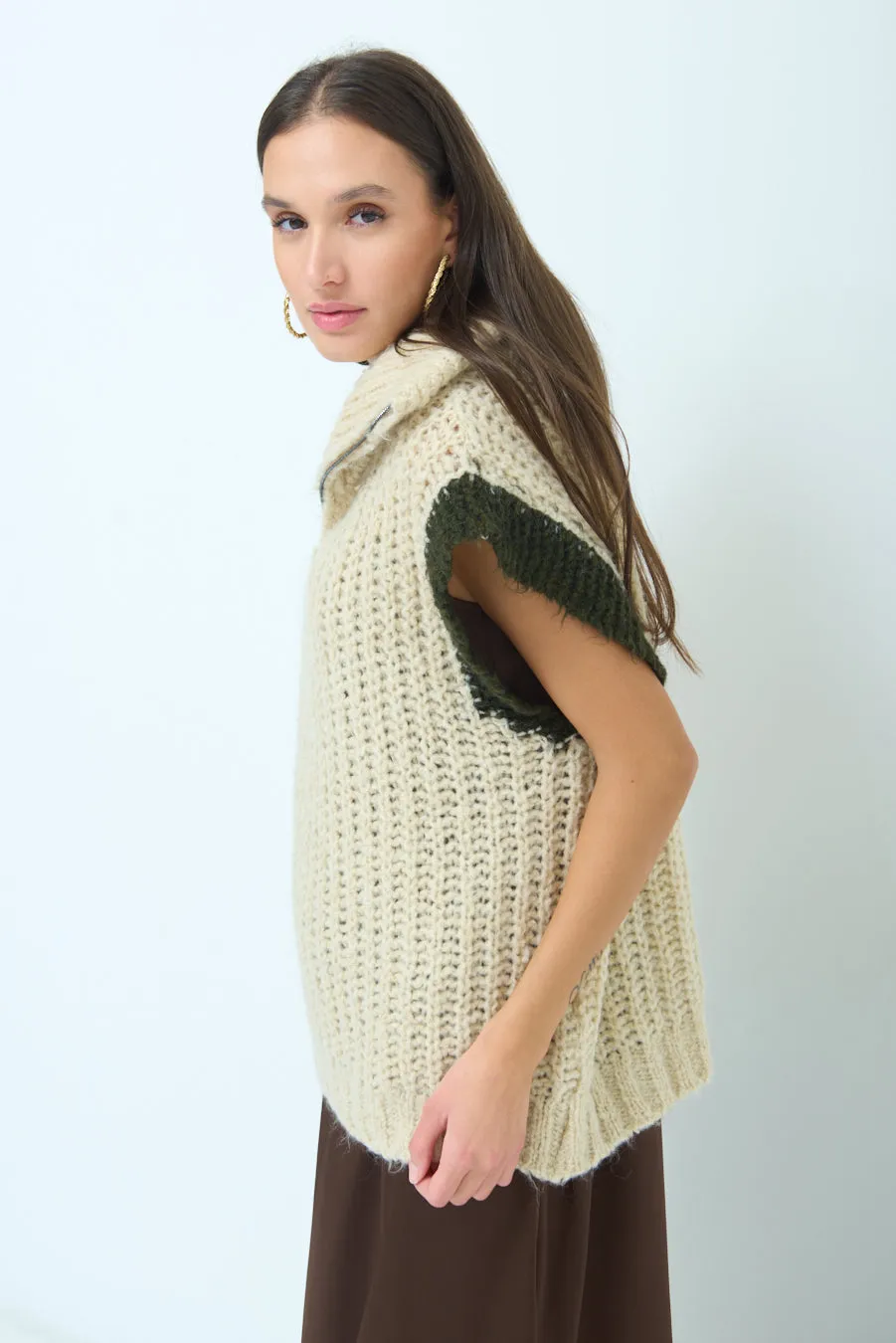 Chunky knit sleeveless vest with zip collar wholesale