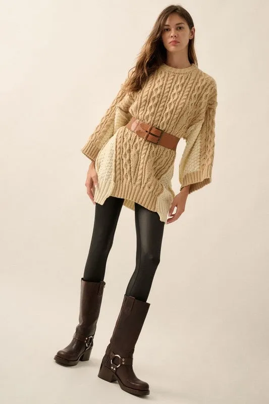 Color Block Round Cable Neck Oversized Sweater