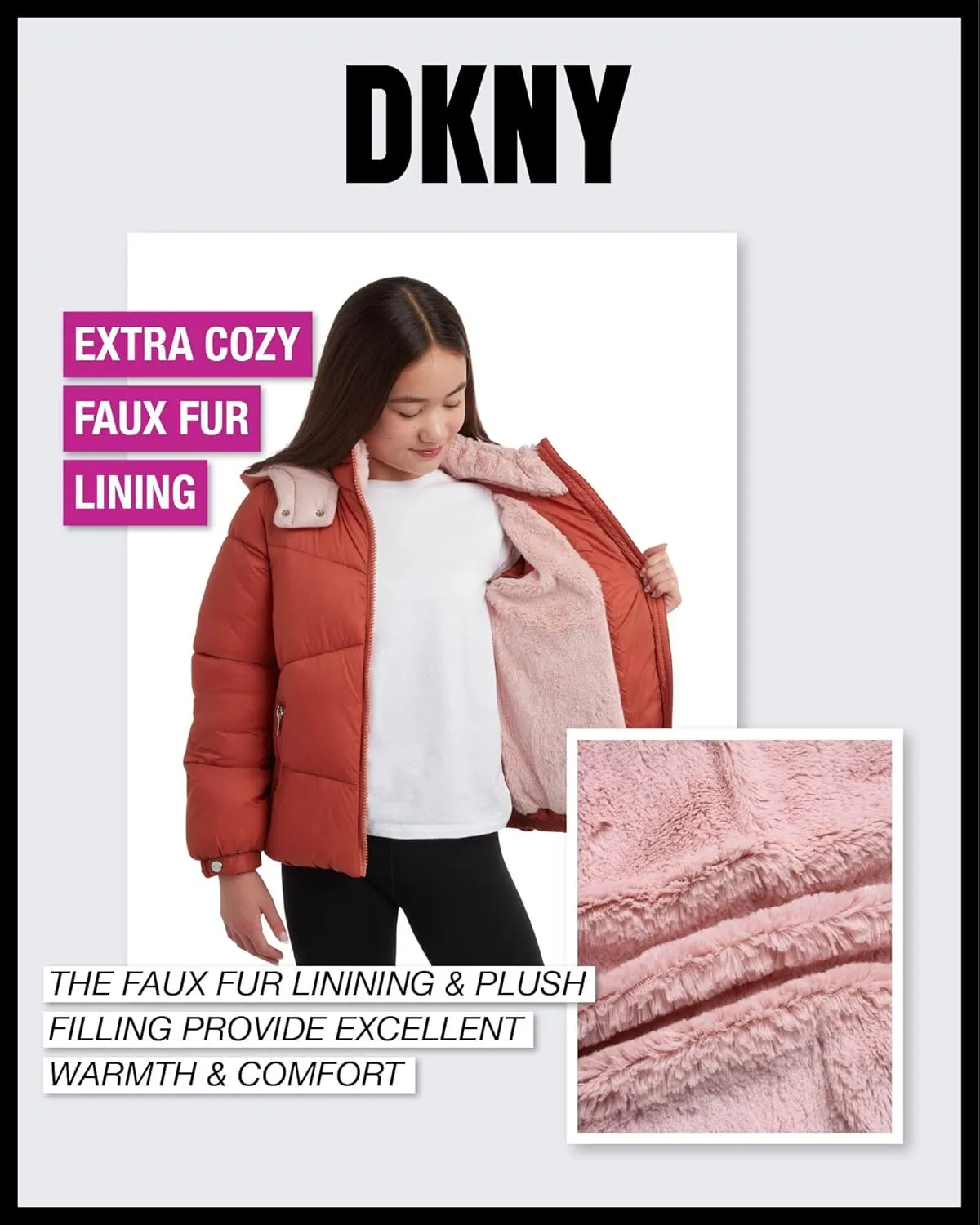 DKNY Girls' Puffer Jacket - Heavyweight Faux Fur Lined Winter Jacket with Hood - Warm Outerwear Jackets for Girls (7-16)