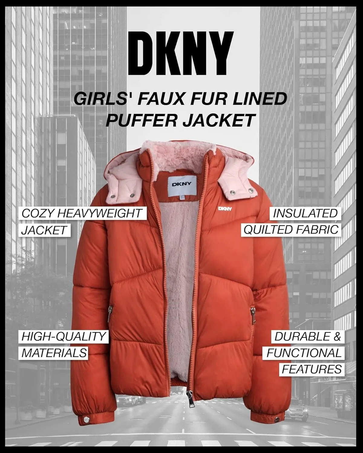DKNY Girls' Puffer Jacket - Heavyweight Faux Fur Lined Winter Jacket with Hood - Warm Outerwear Jackets for Girls (7-16)