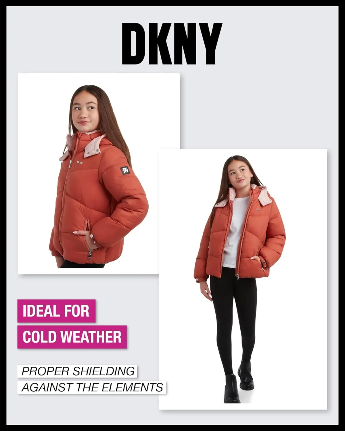 DKNY Girls' Puffer Jacket - Heavyweight Faux Fur Lined Winter Jacket with Hood - Warm Outerwear Jackets for Girls (7-16)