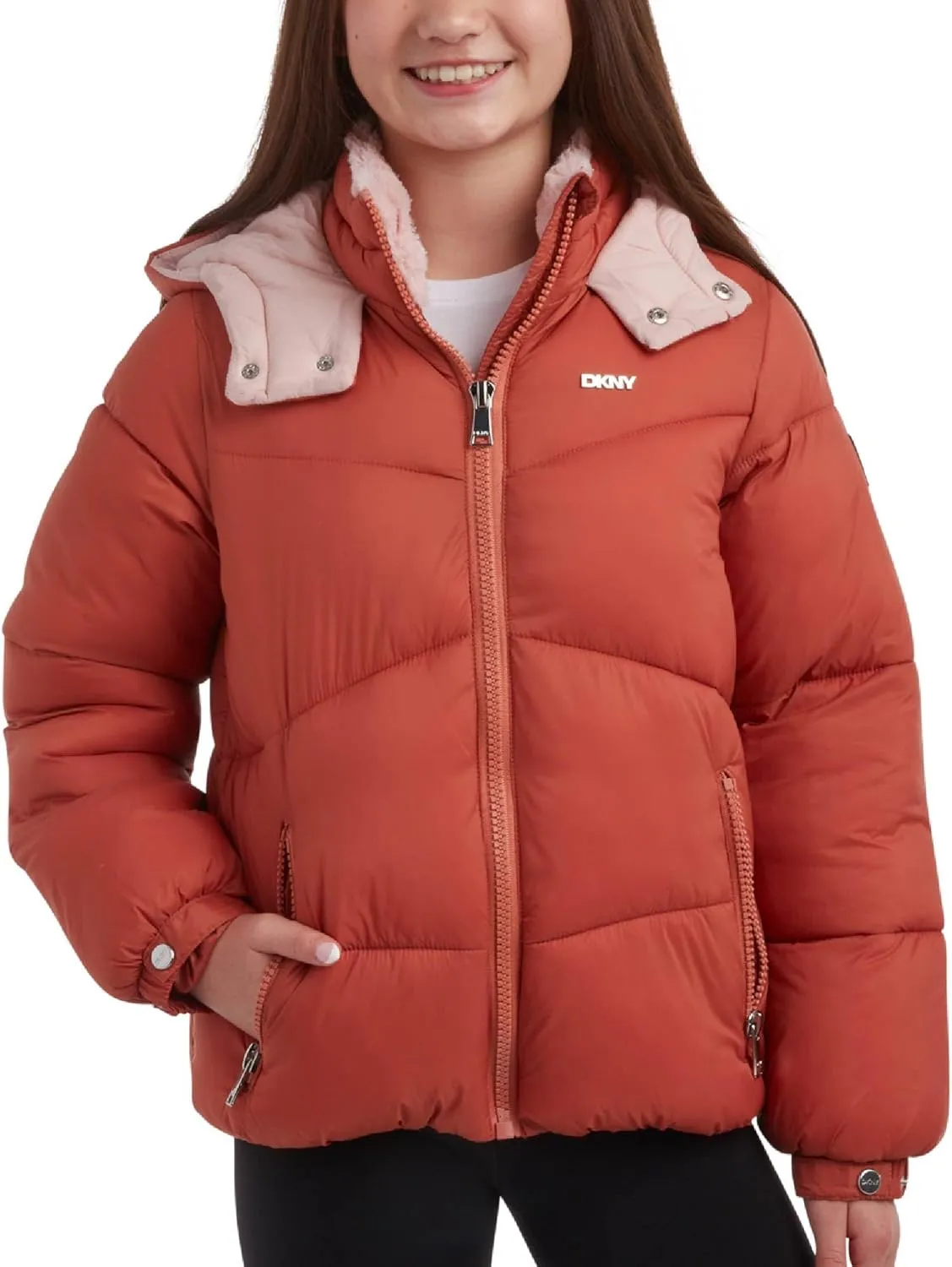 DKNY Girls' Puffer Jacket - Heavyweight Faux Fur Lined Winter Jacket with Hood - Warm Outerwear Jackets for Girls (7-16)