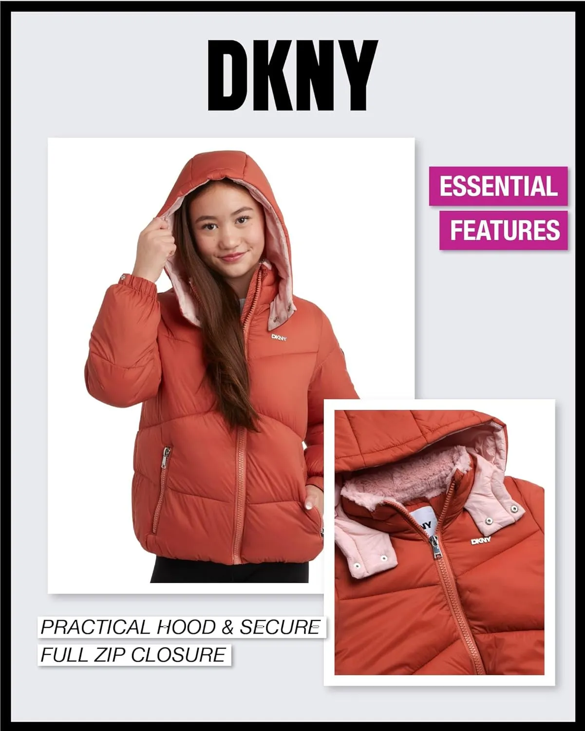 DKNY Girls' Puffer Jacket - Heavyweight Faux Fur Lined Winter Jacket with Hood - Warm Outerwear Jackets for Girls (7-16)