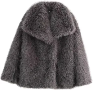 ebossy Women's Faux Fur Crop Jacket Long Sleeve Lapel Winter Warm Fluffly Leopard Pure Color Sherpa Coat