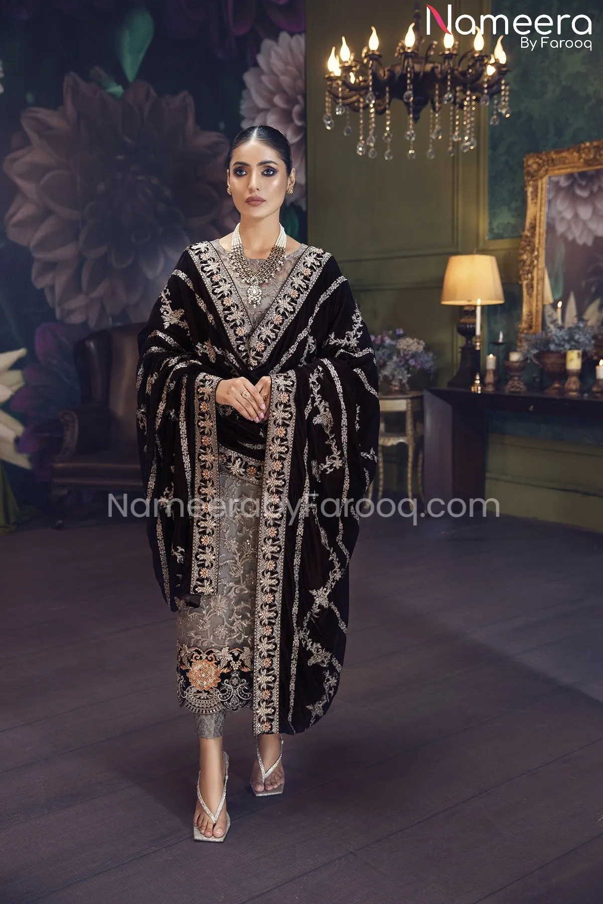 Elegant Pishwas Dress Pakistani in Grey Shade #PF248