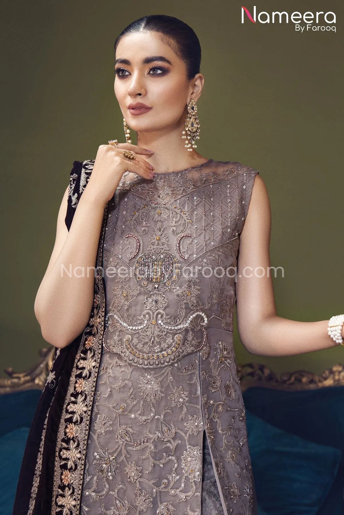 Elegant Pishwas Dress Pakistani in Grey Shade #PF248