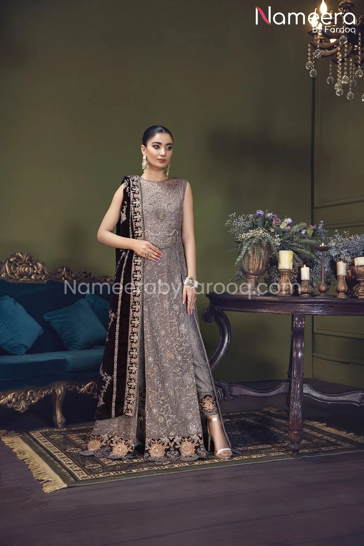 Elegant Pishwas Dress Pakistani in Grey Shade #PF248