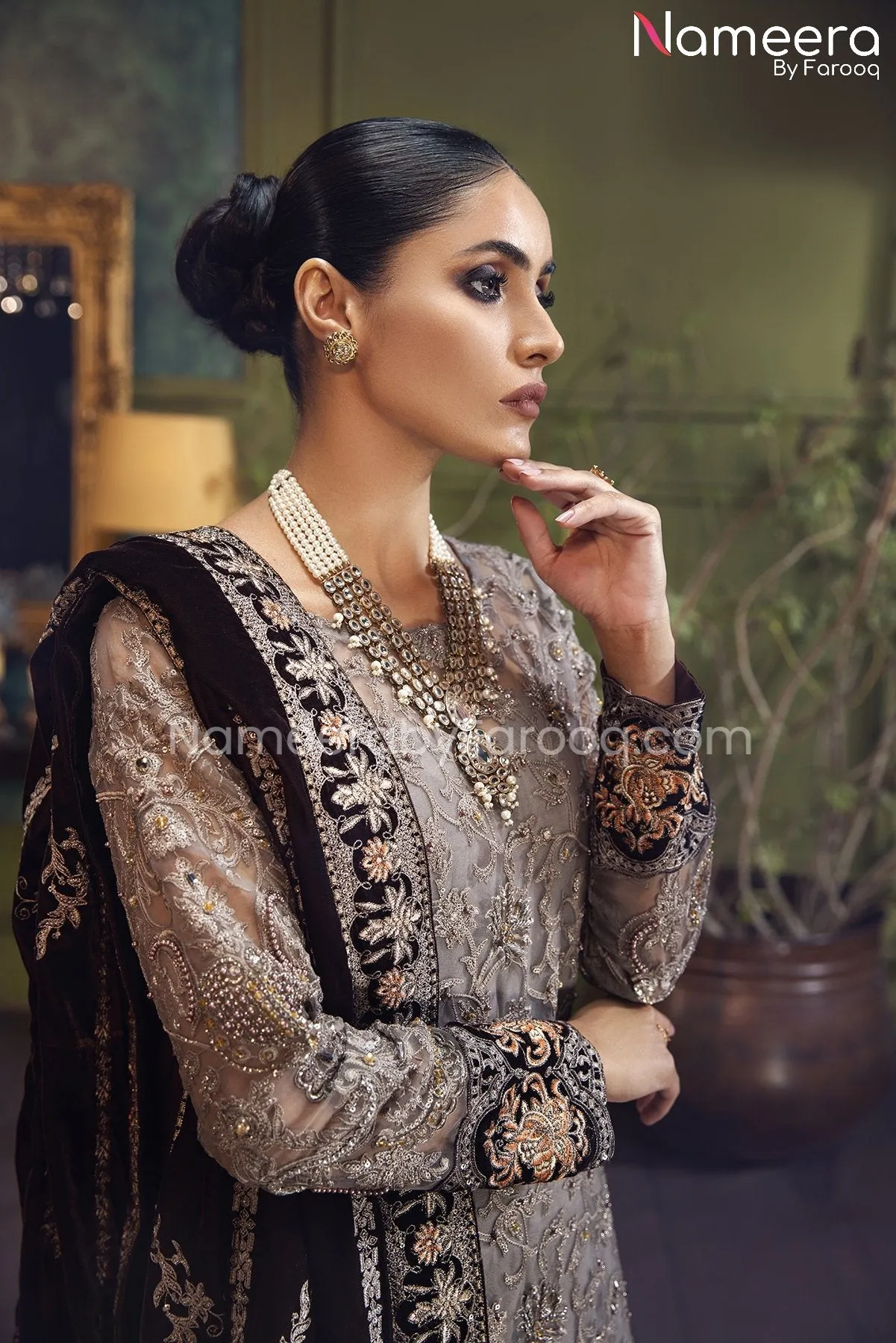Elegant Pishwas Dress Pakistani in Grey Shade #PF248