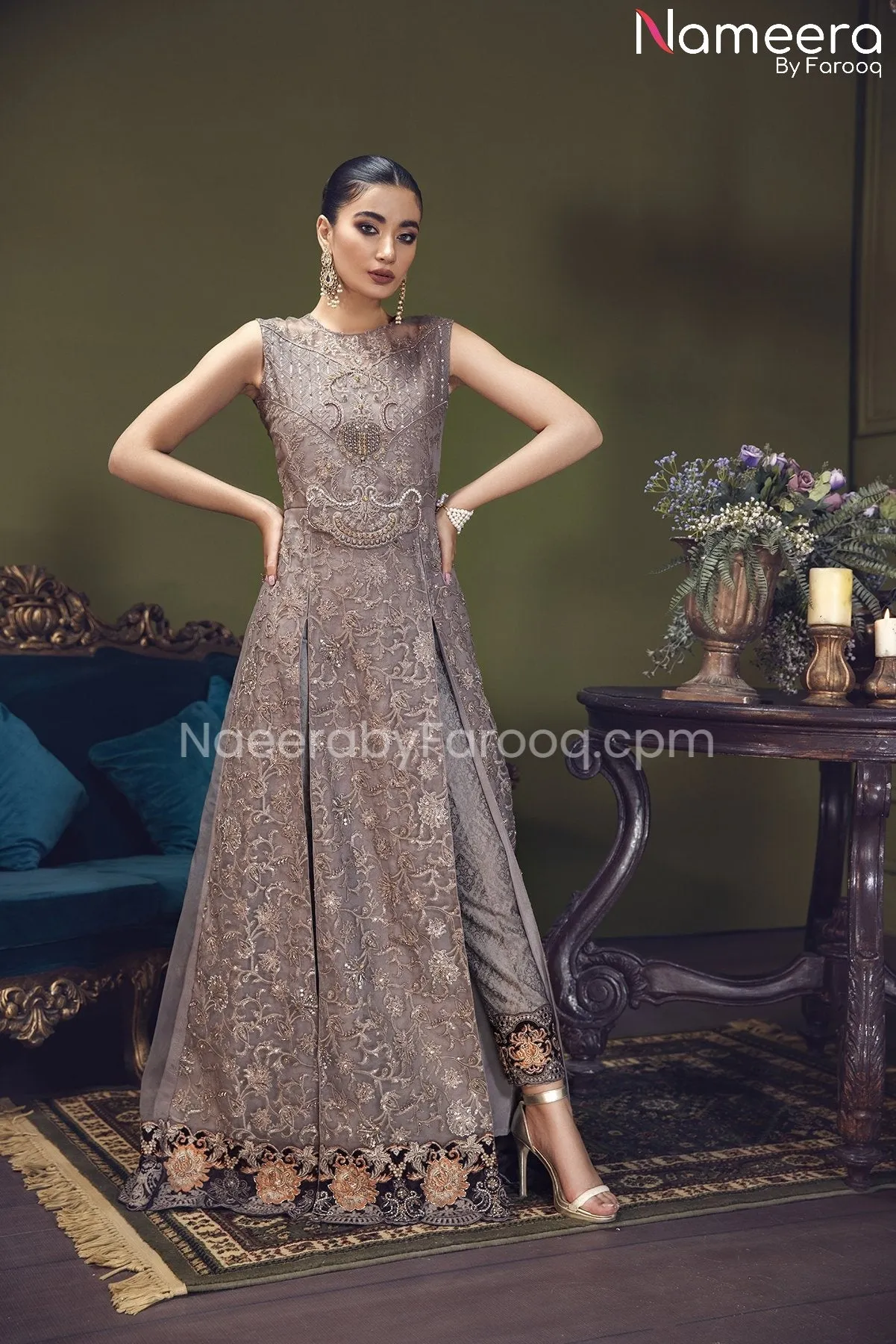 Elegant Pishwas Dress Pakistani in Grey Shade #PF248