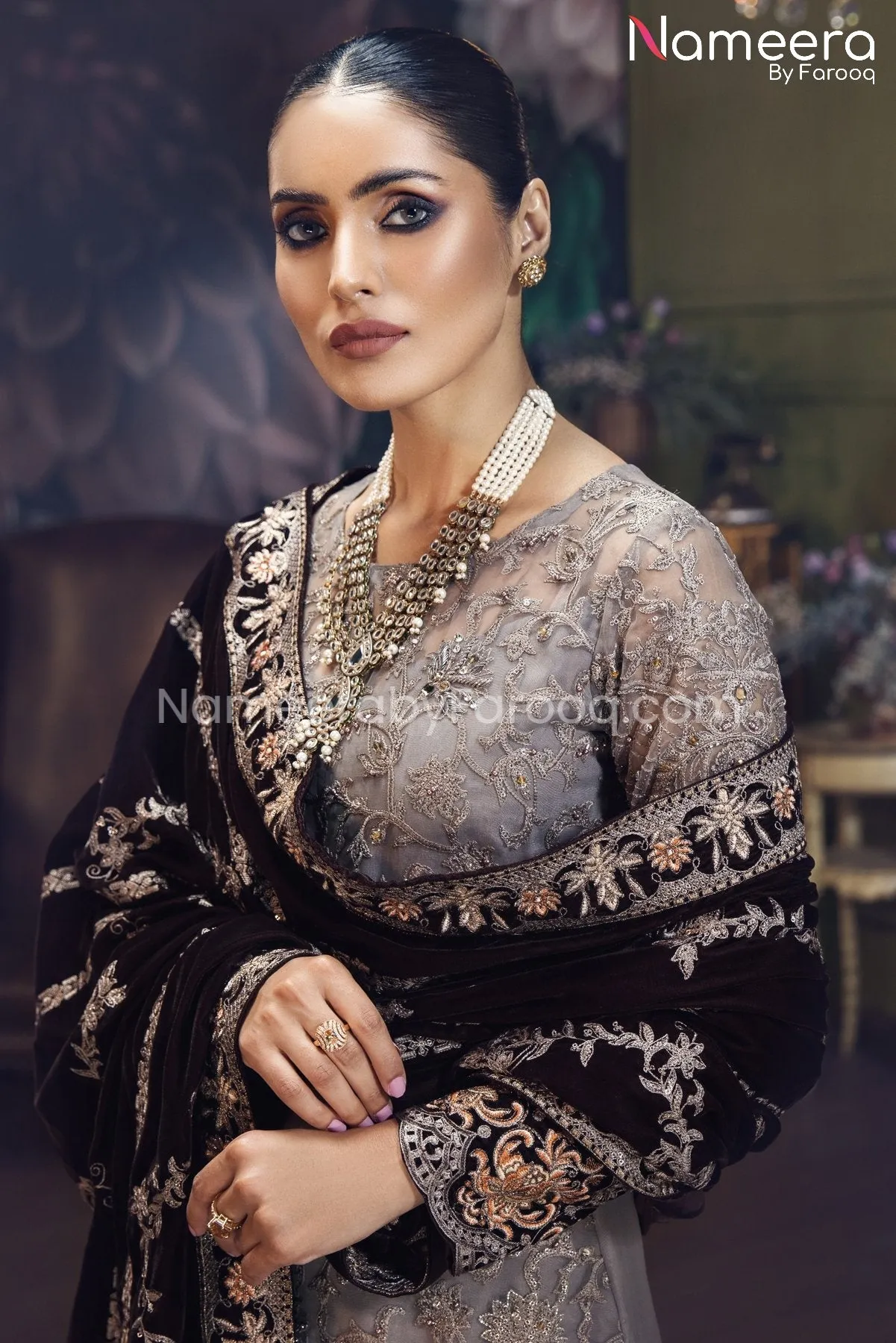 Elegant Pishwas Dress Pakistani in Grey Shade #PF248