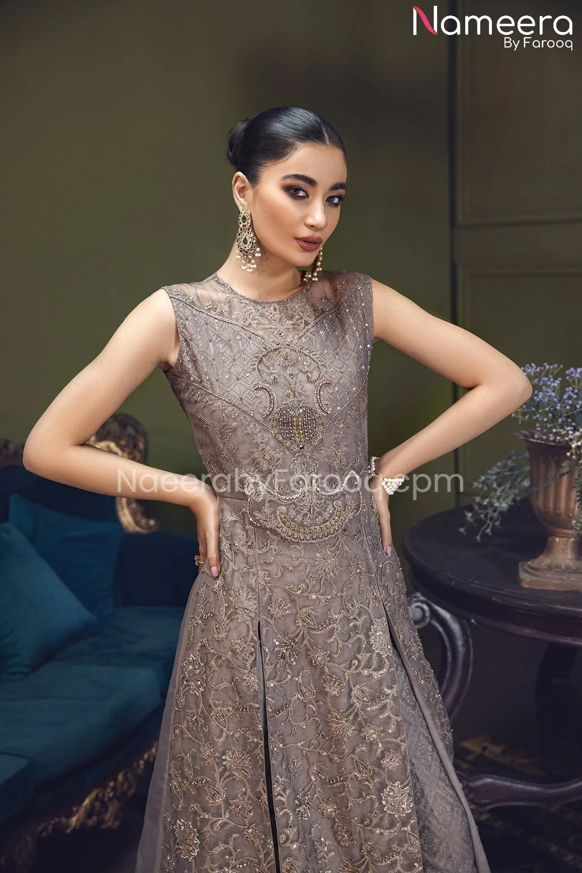 Elegant Pishwas Dress Pakistani in Grey Shade #PF248