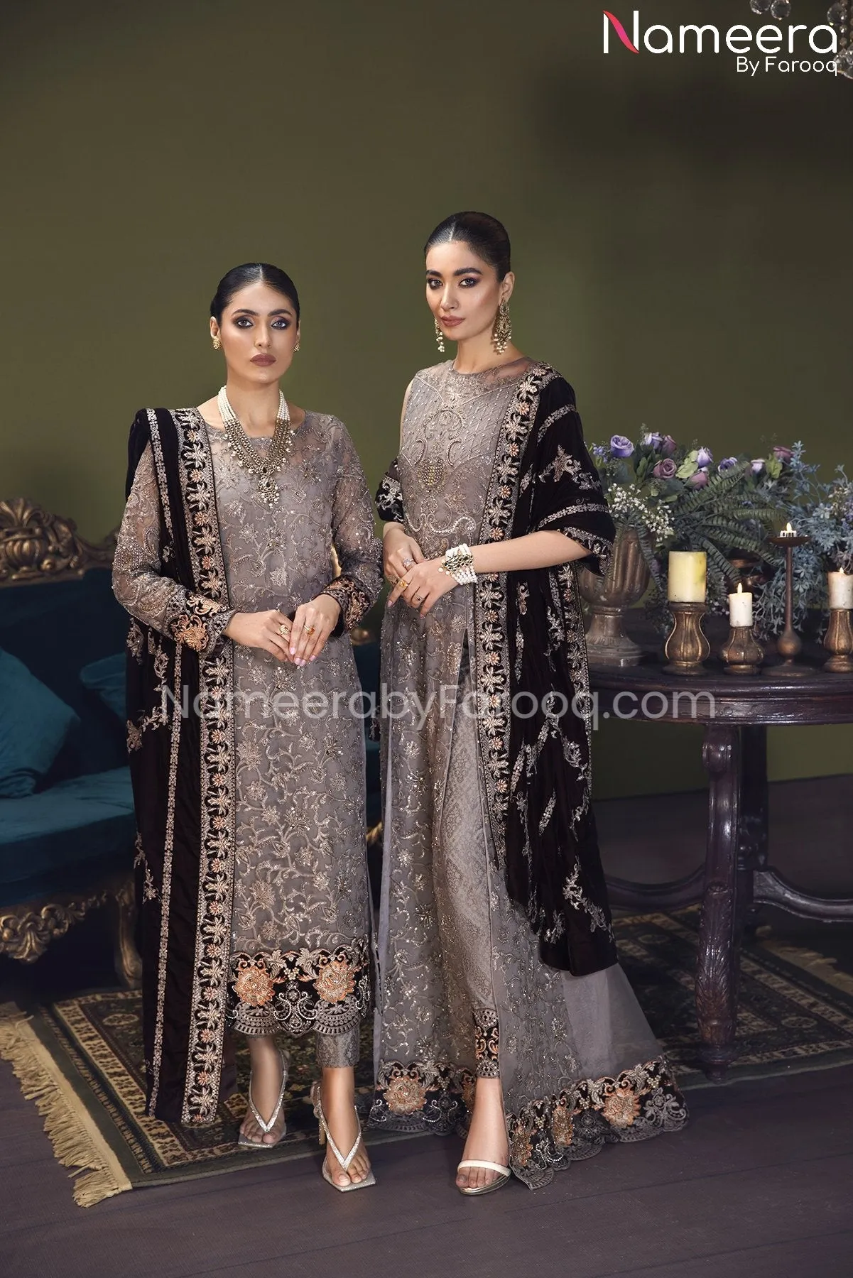 Elegant Pishwas Dress Pakistani in Grey Shade #PF248