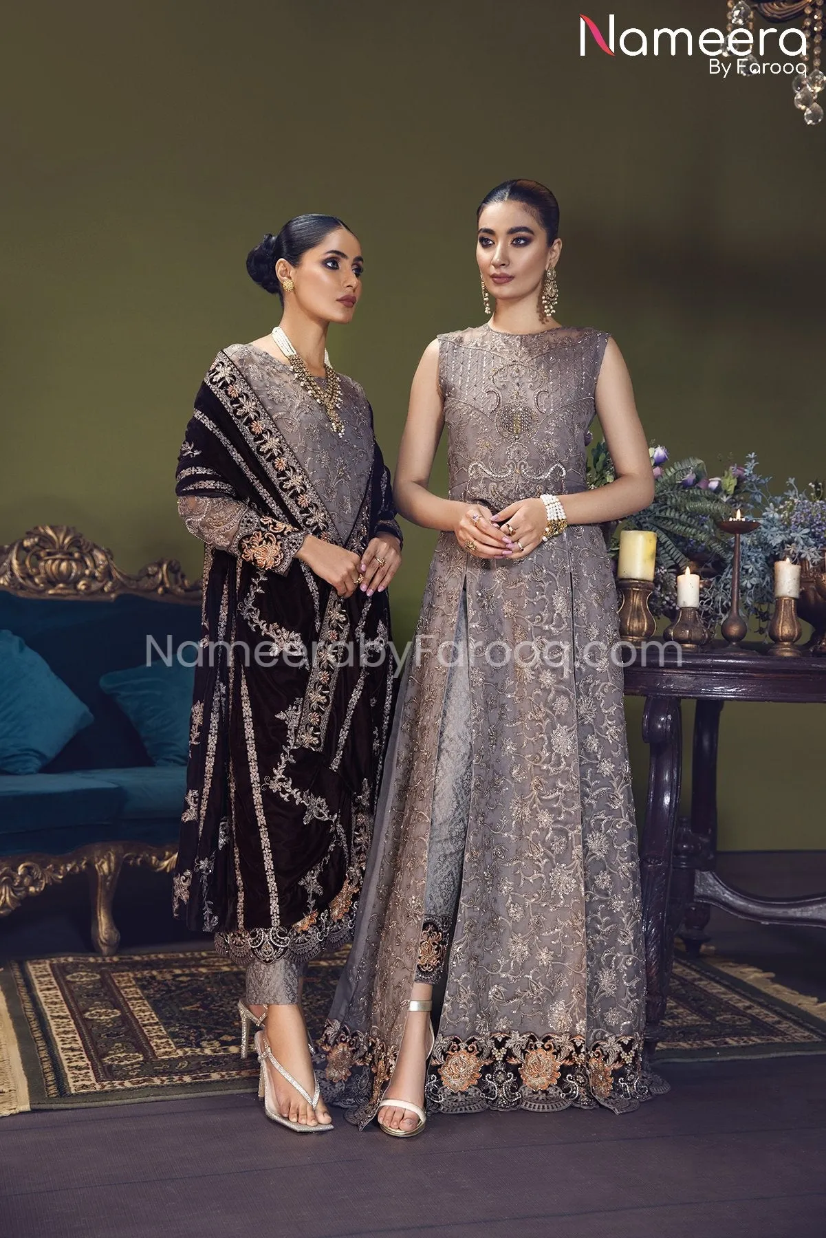 Elegant Pishwas Dress Pakistani in Grey Shade #PF248