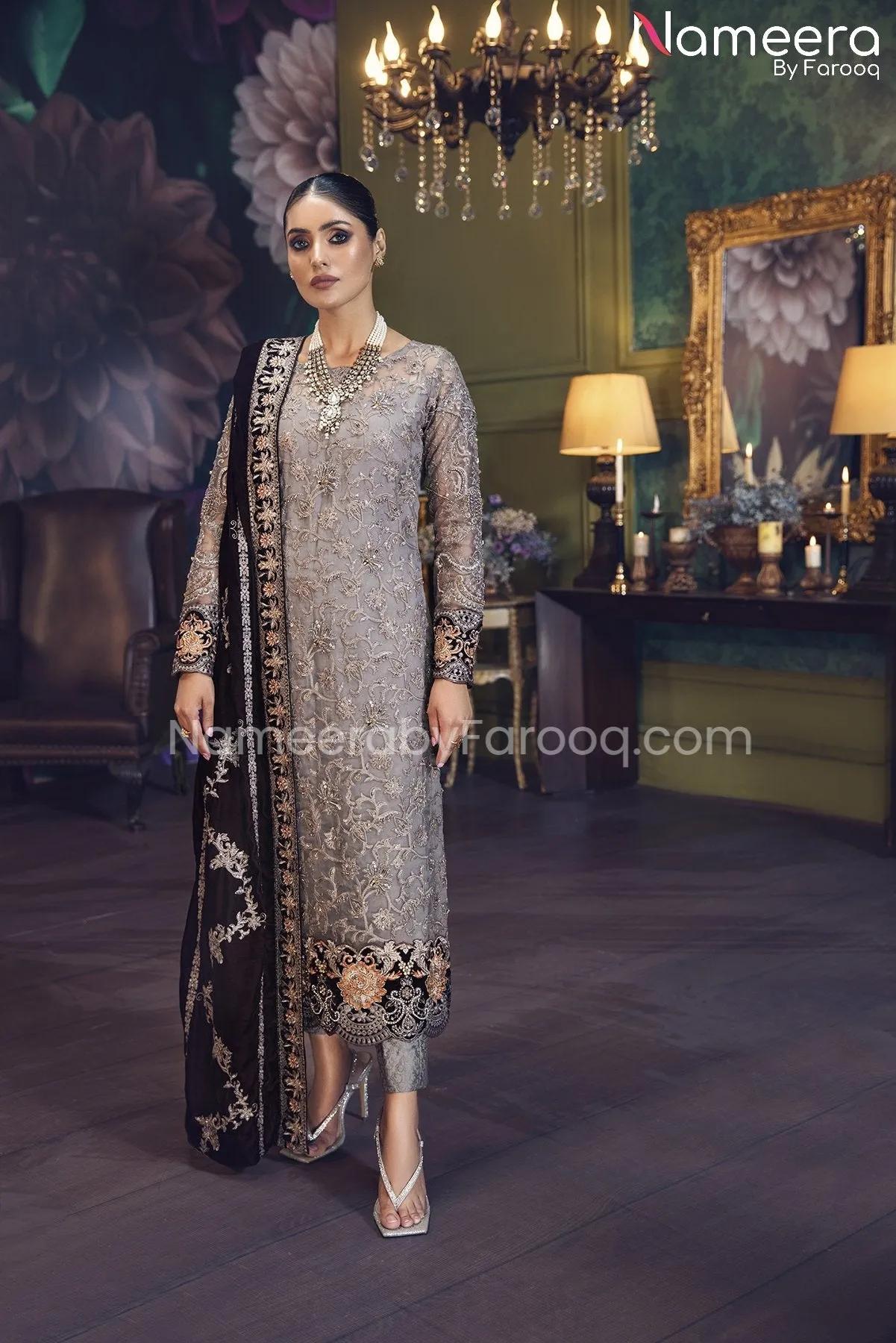 Elegant Pishwas Dress Pakistani in Grey Shade #PF248