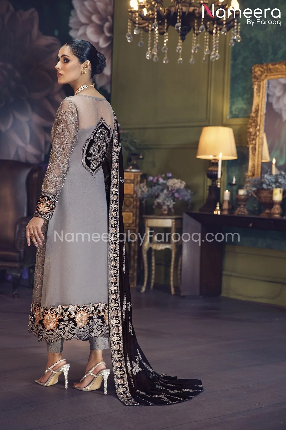 Elegant Pishwas Dress Pakistani in Grey Shade #PF248