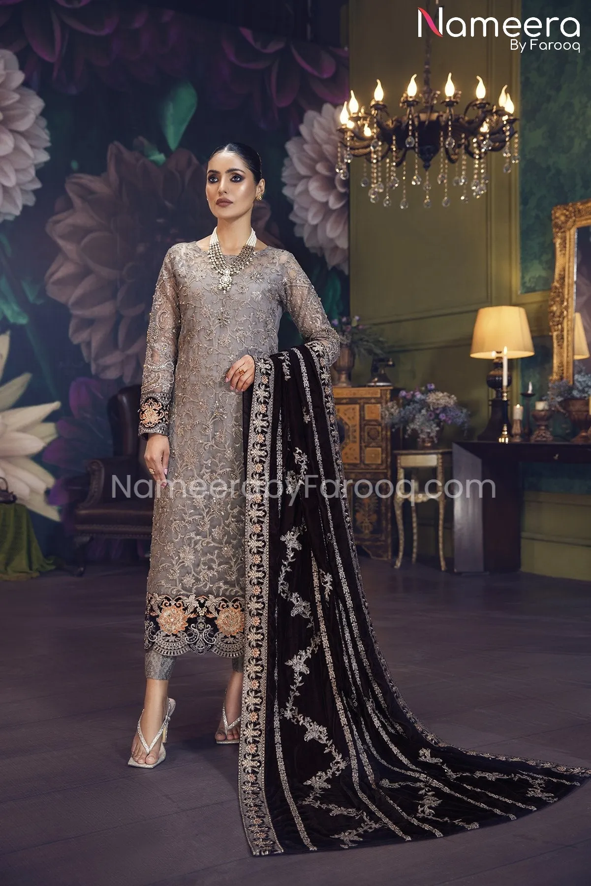 Elegant Pishwas Dress Pakistani in Grey Shade #PF248