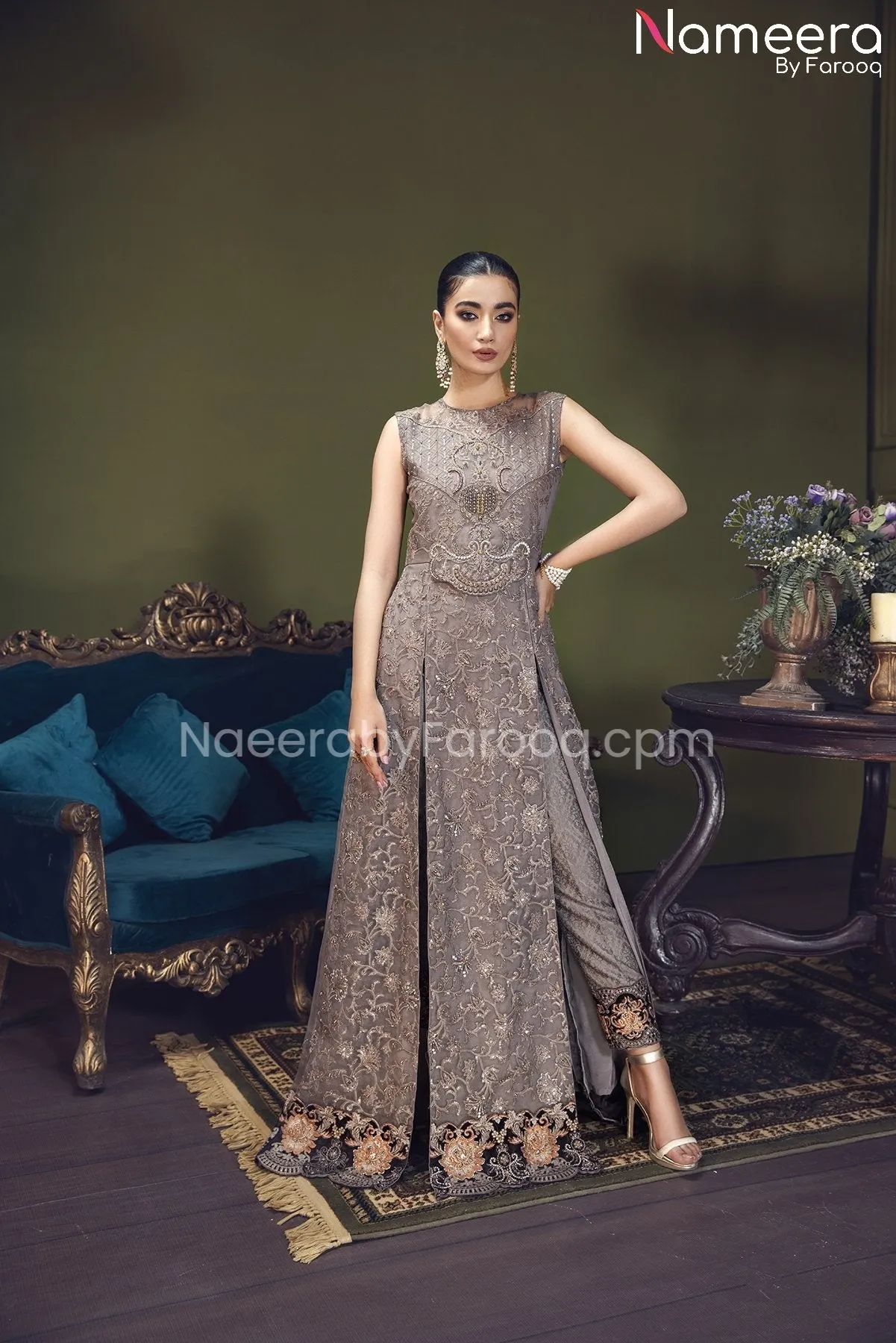 Elegant Pishwas Dress Pakistani in Grey Shade #PF248