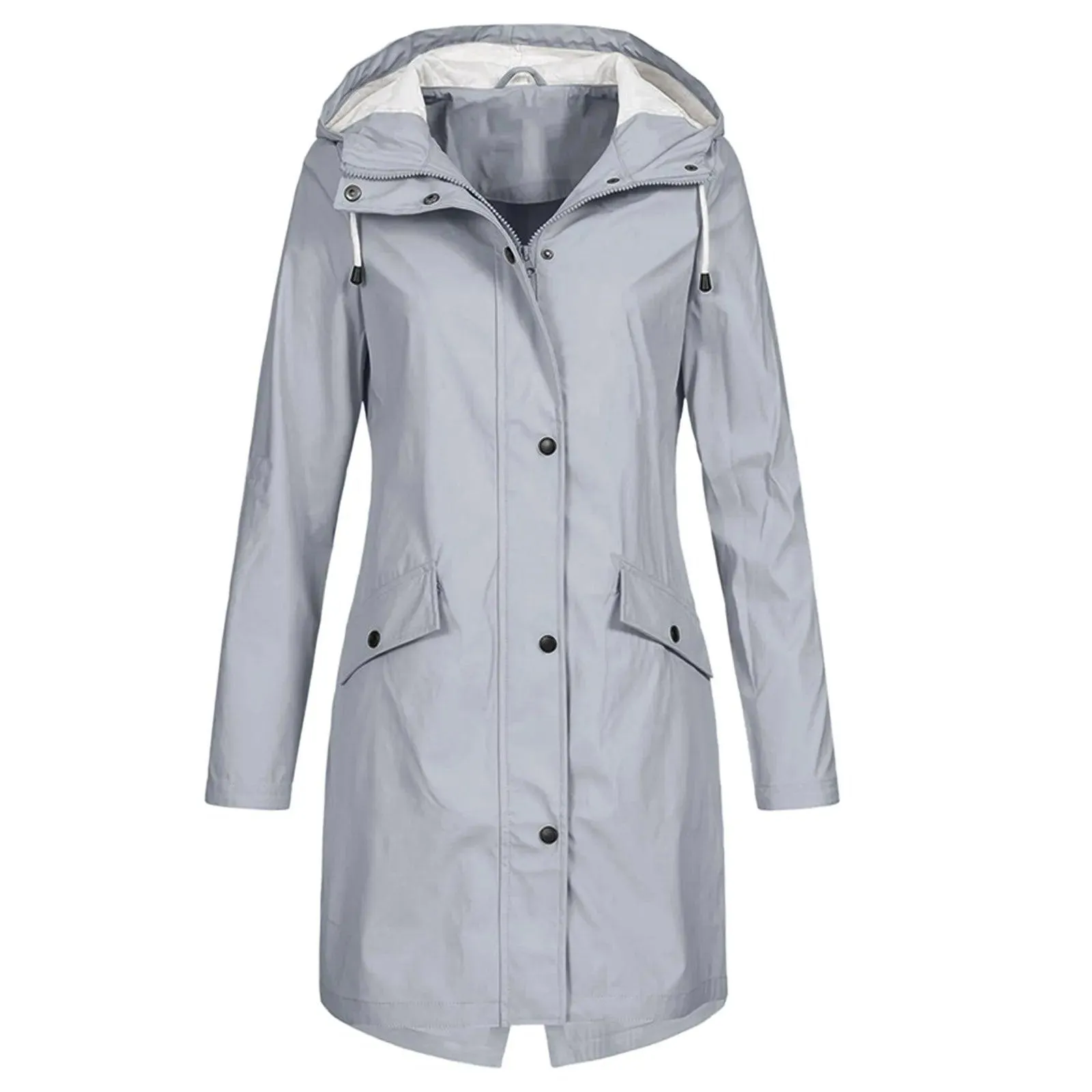 Fashion Women Hooded Trench Coat Casual Lady Waterproof Windproof Long Jacket Buttons Zipper Coats Female Long Sleeve Outerwear