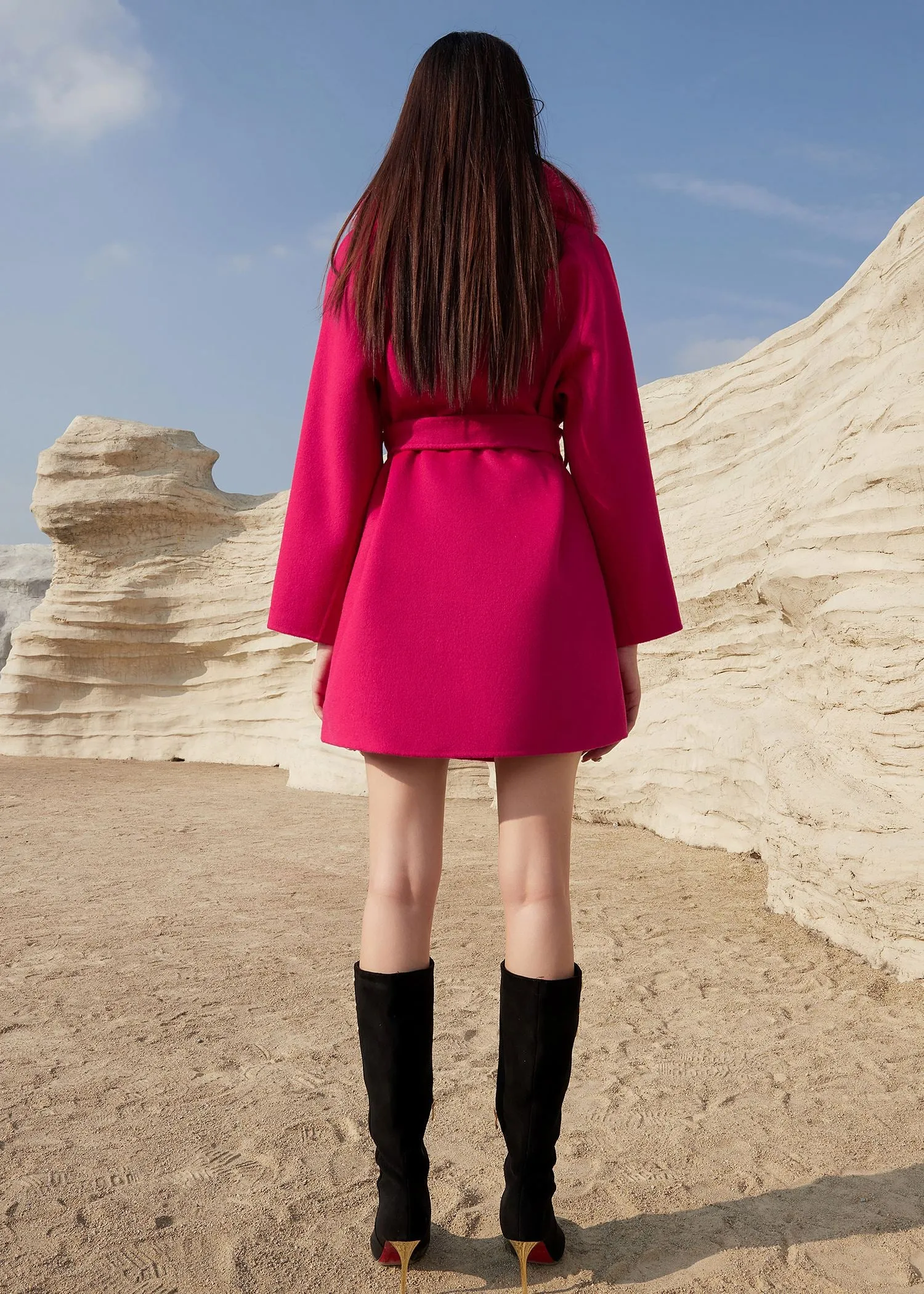 Fuchsia Fox Fur Collar Wrap Belted Wool Blend Coat