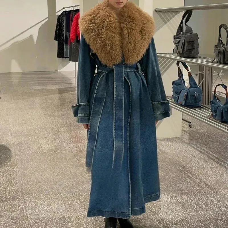Fur Collar Trench Denim Coat