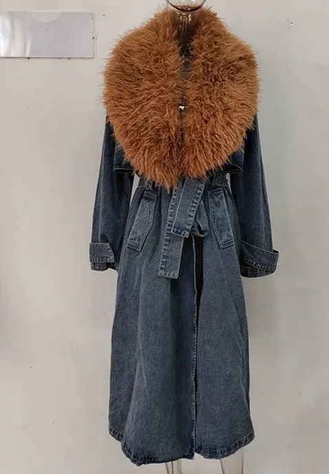 Fur Collar Trench Denim Coat