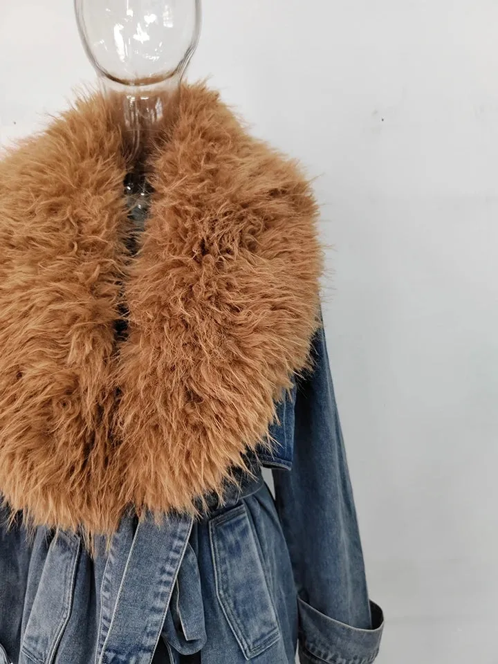 Fur Collar Trench Denim Coat