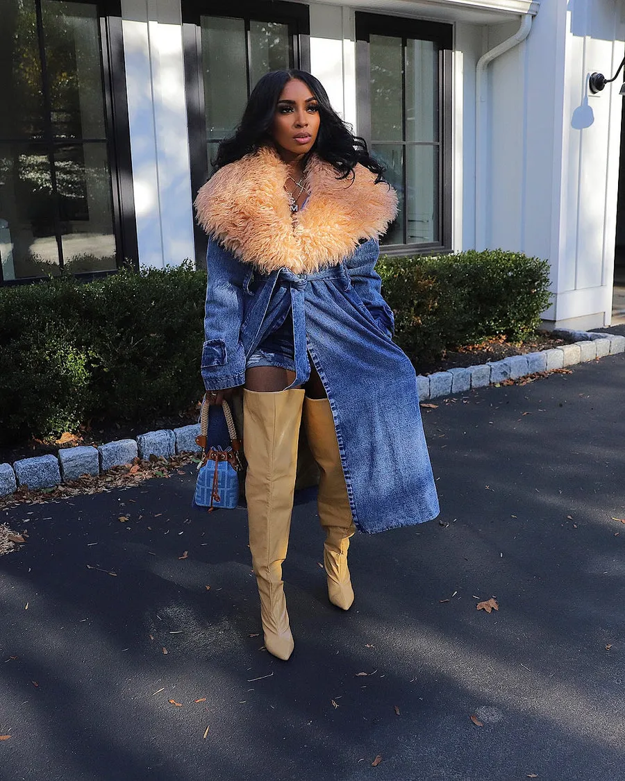 Fur Collar Trench Denim Coat
