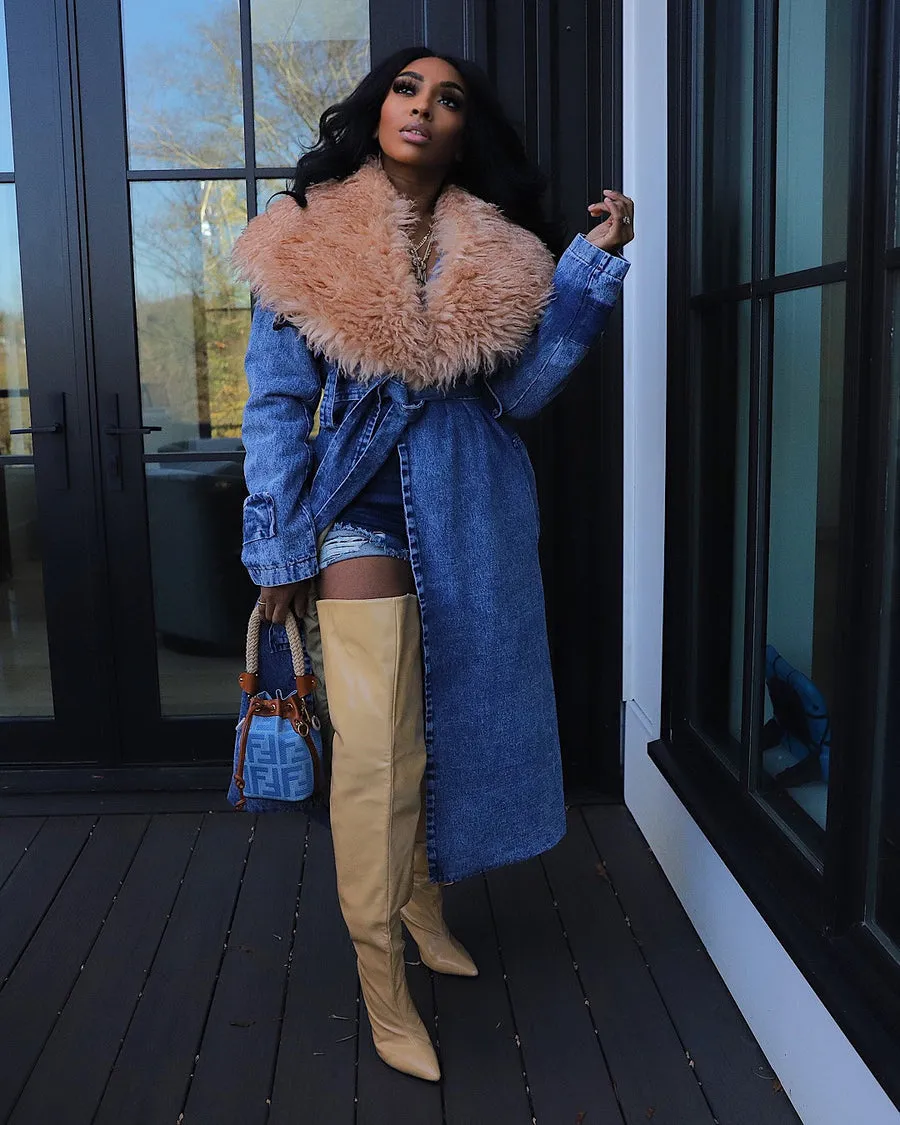 Fur Collar Trench Denim Coat