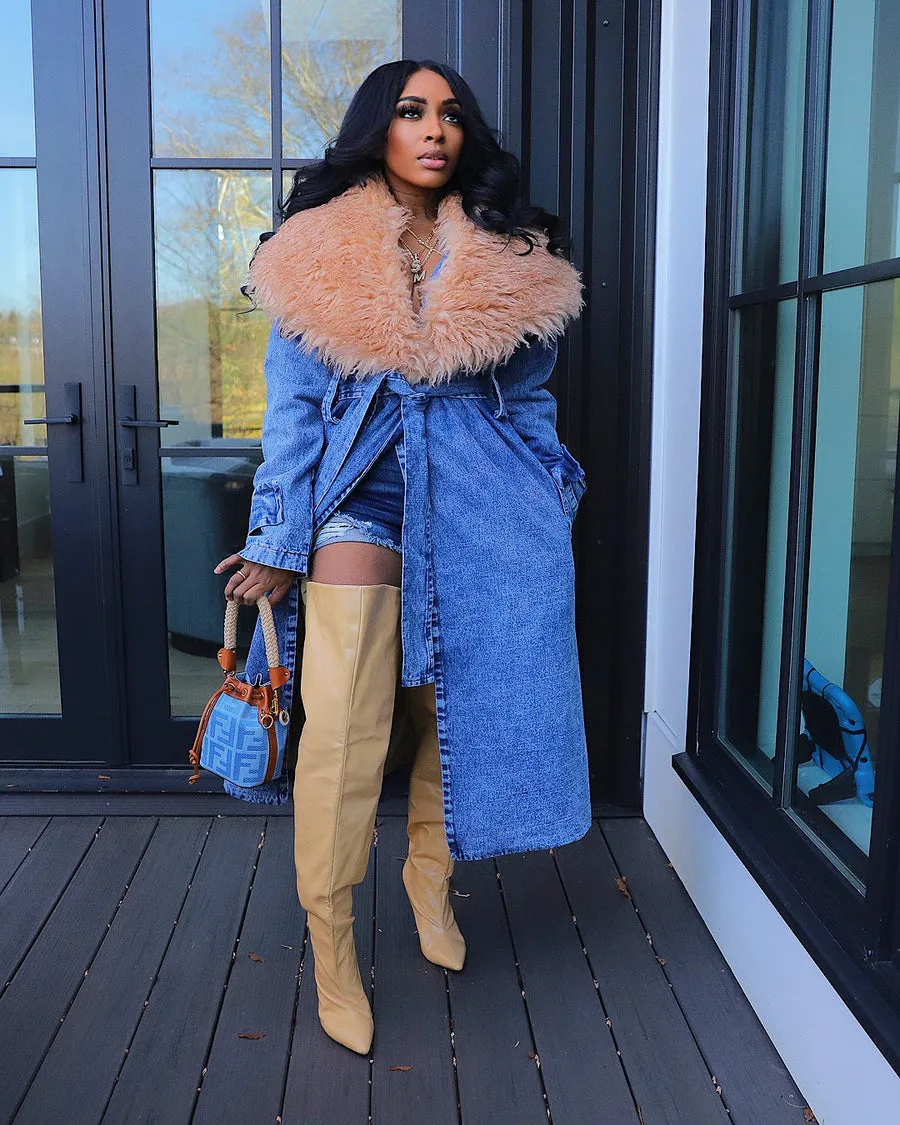 Fur Collar Trench Denim Coat
