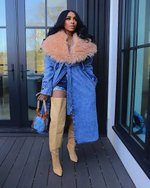 Fur Collar Trench Denim Coat
