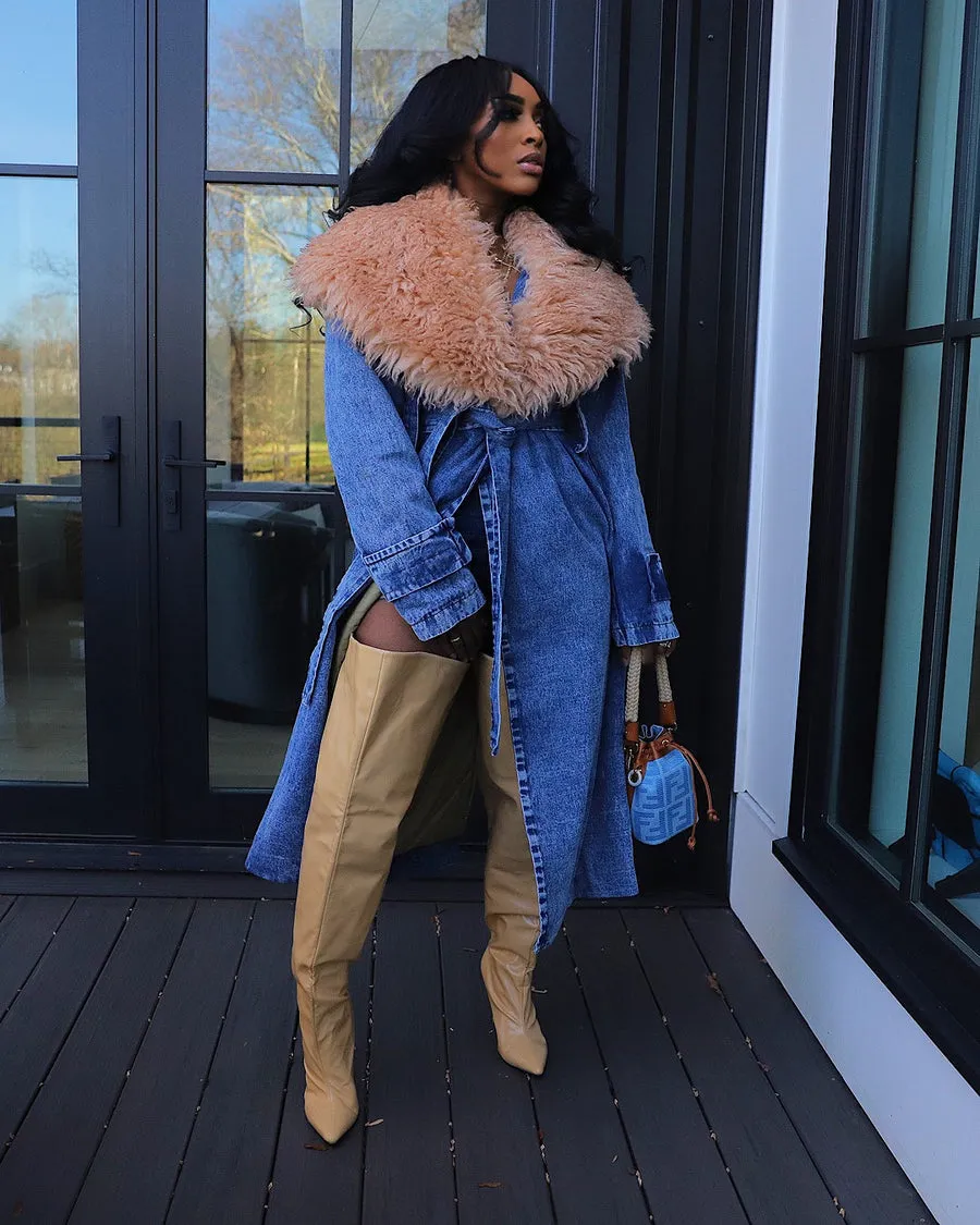 Fur Collar Trench Denim Coat
