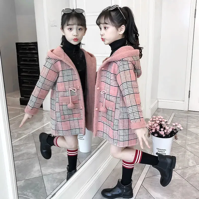 Girls Parka Hairy Woolen Warm Long Coat With Grid Pattern