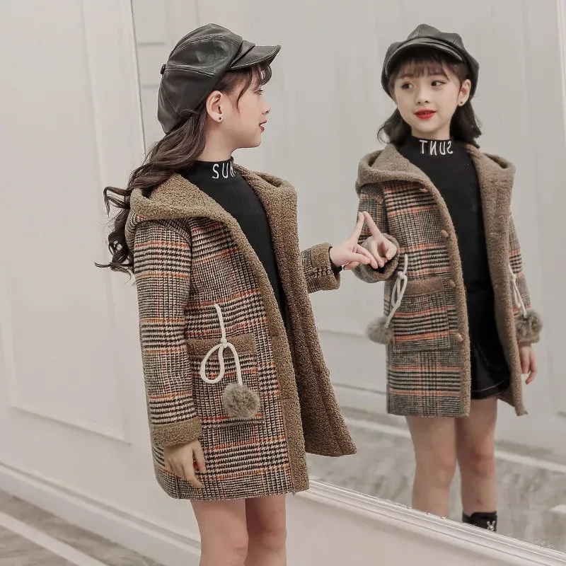 Girls Parka Hairy Woolen Warm Long Coat With Grid Pattern
