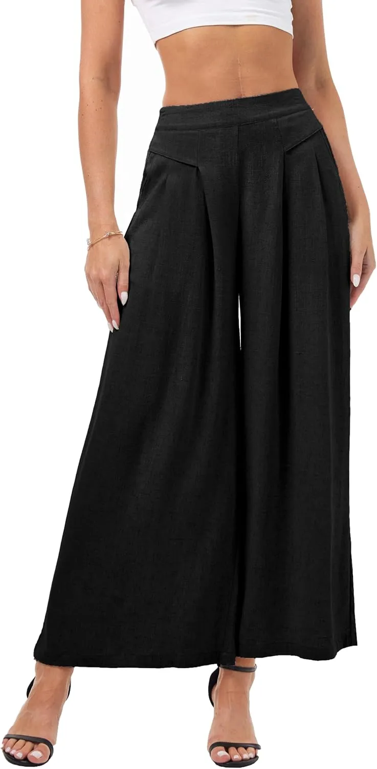 heipeiwa Women' s Culottes Linen Pants Summer Casual Flowy Beach Cotton Linen Wide Leg Palazzo Pants