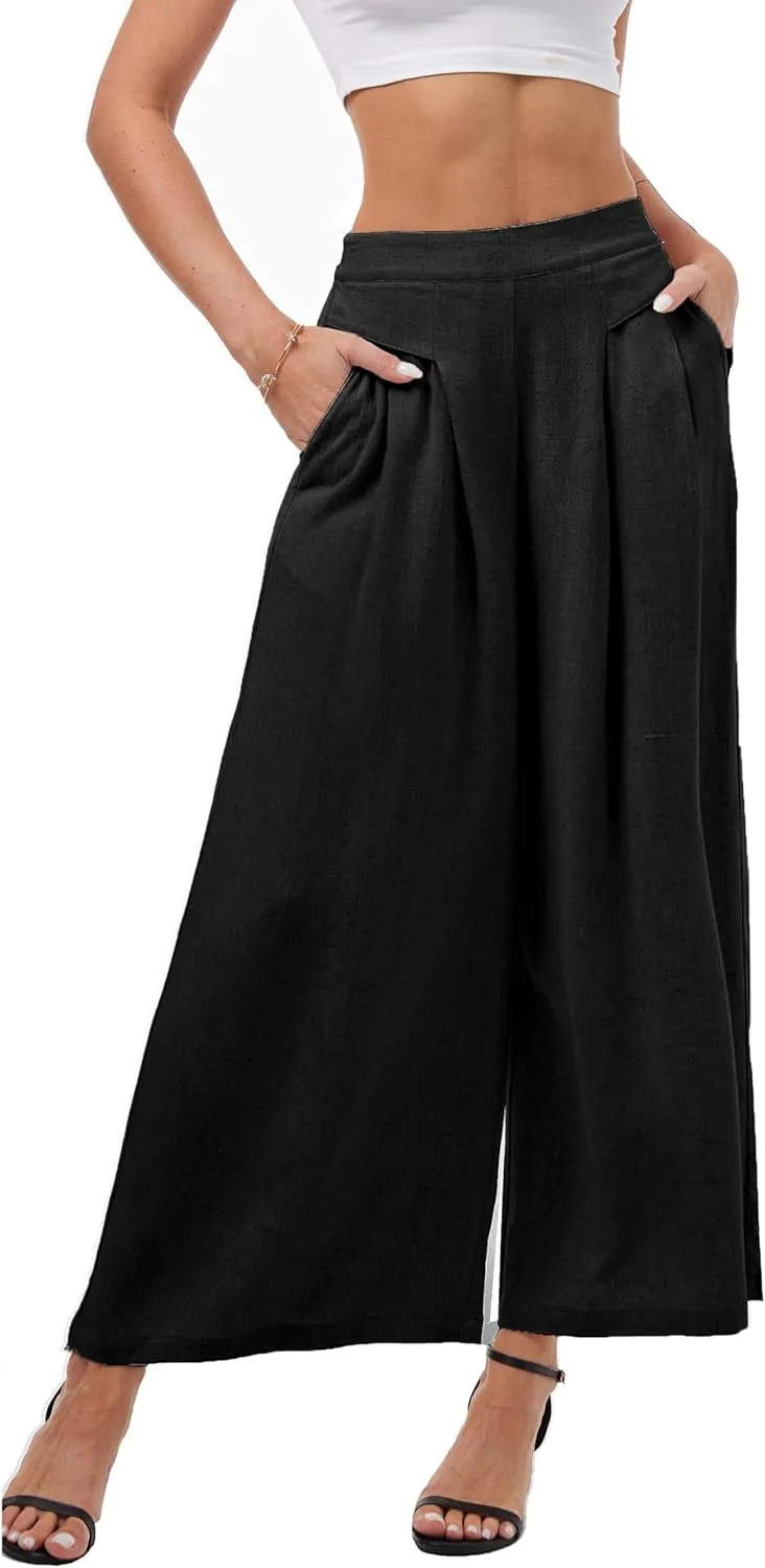 heipeiwa Women' s Culottes Linen Pants Summer Casual Flowy Beach Cotton Linen Wide Leg Palazzo Pants